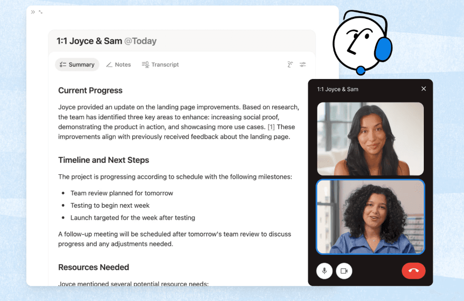 Notion AI’s Meeting Notes platform, with a video of two women on the right side