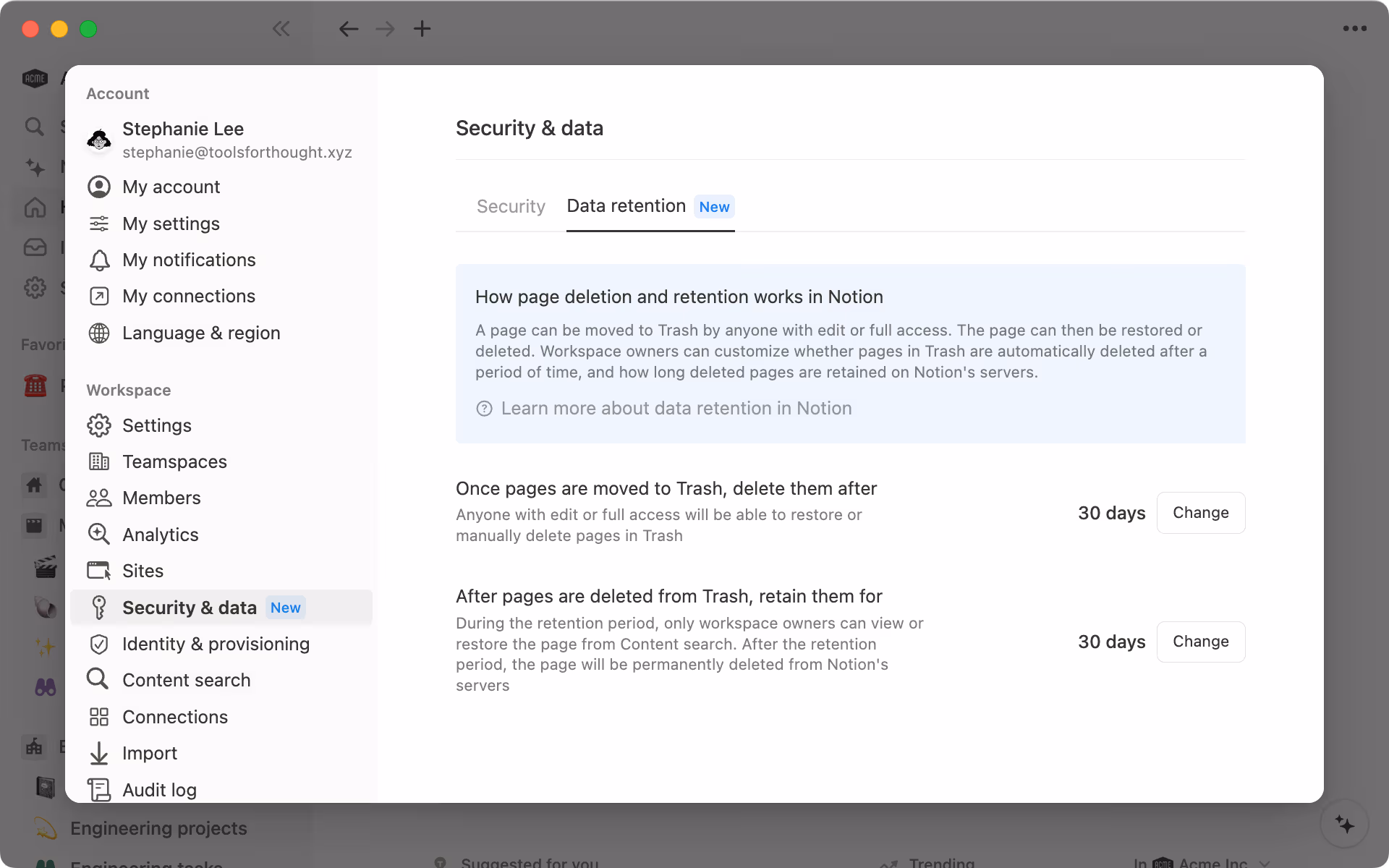 Enterprise workspace owners have control over when users’ pages are deleted from Trash, and how long they can be retained for afterwards