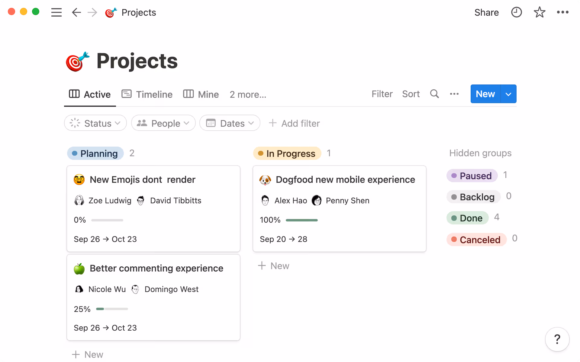A project database in Notion displays key details for each project, including its status and owners