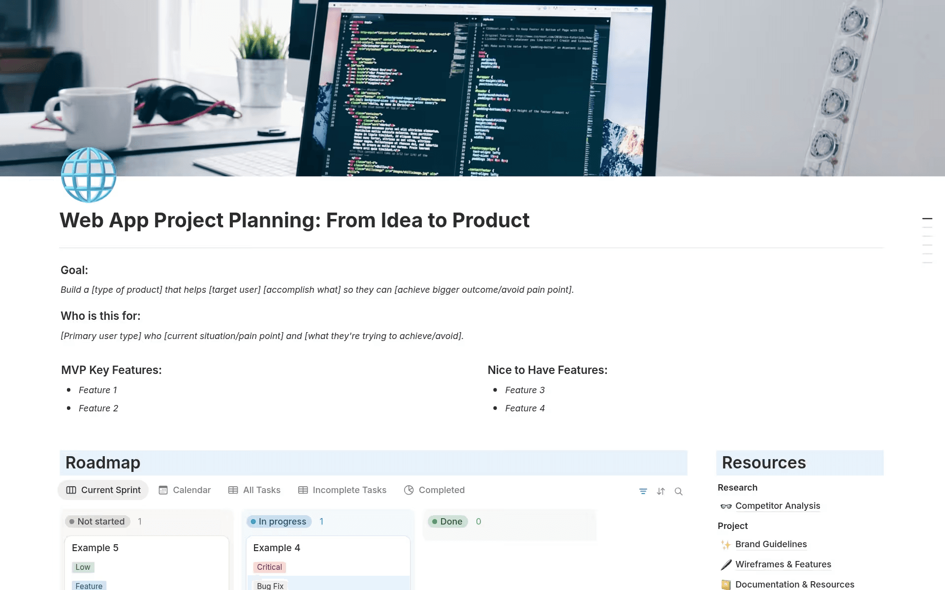 A screenshot of a project planning and roadmap template from Notion’s template gallery.